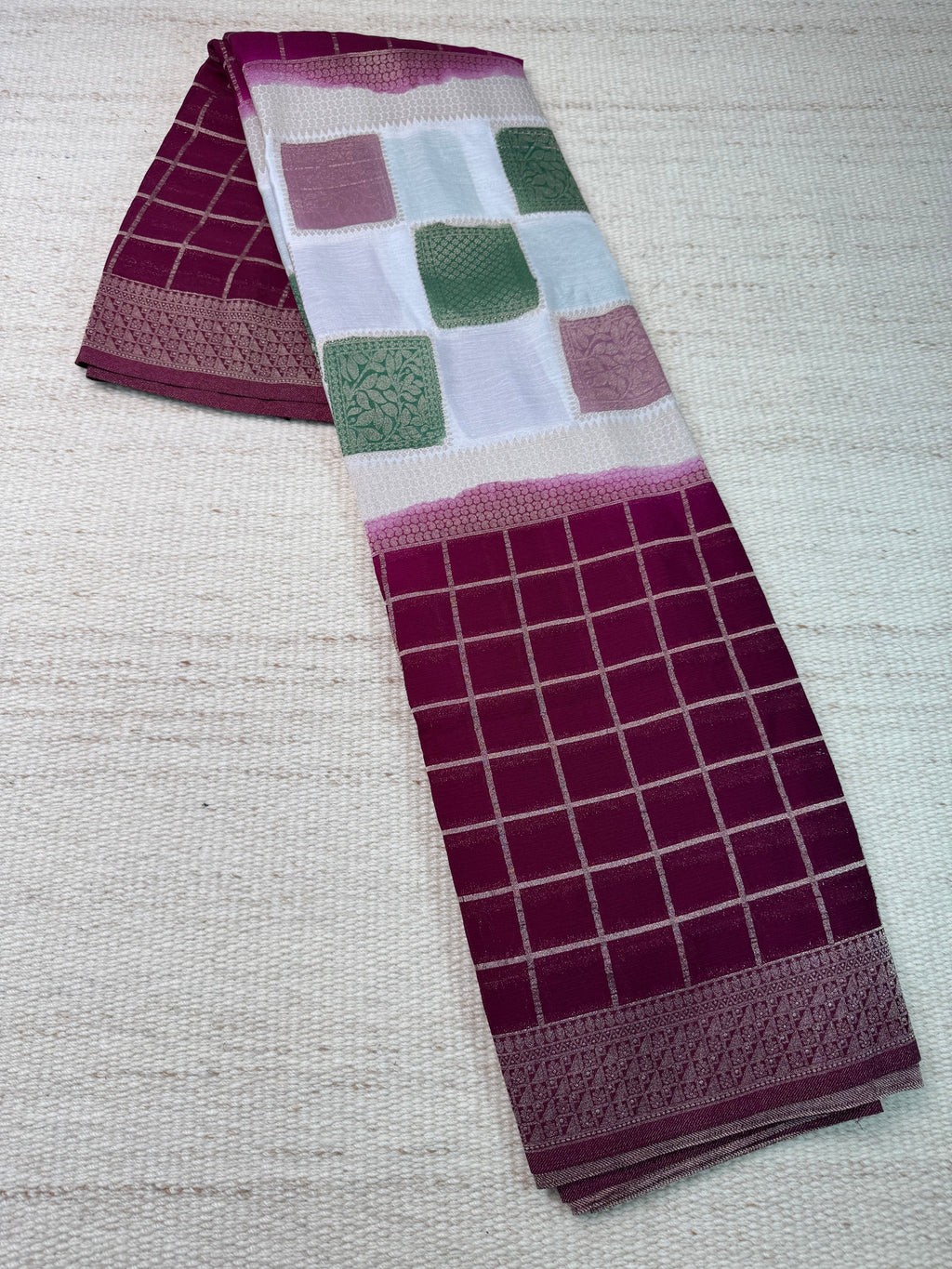 Wine Red Khaddi Chiffon Box Meena Saree