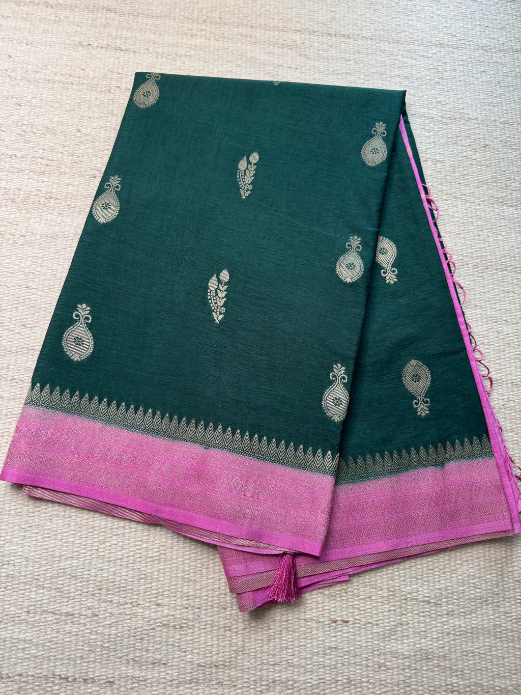 Bottle Green Linen Dola Saree