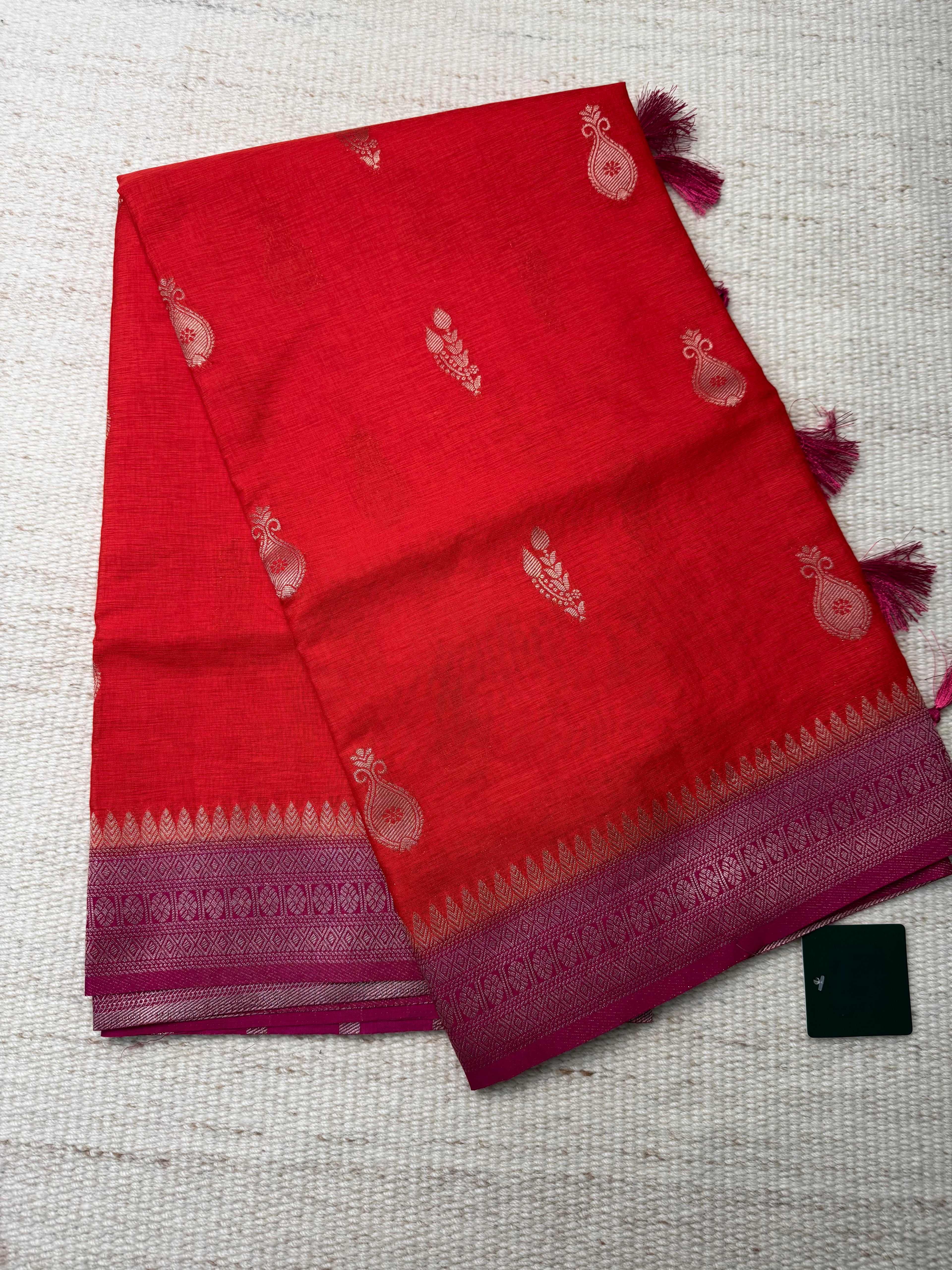 Bright Red Linen Dola Saree