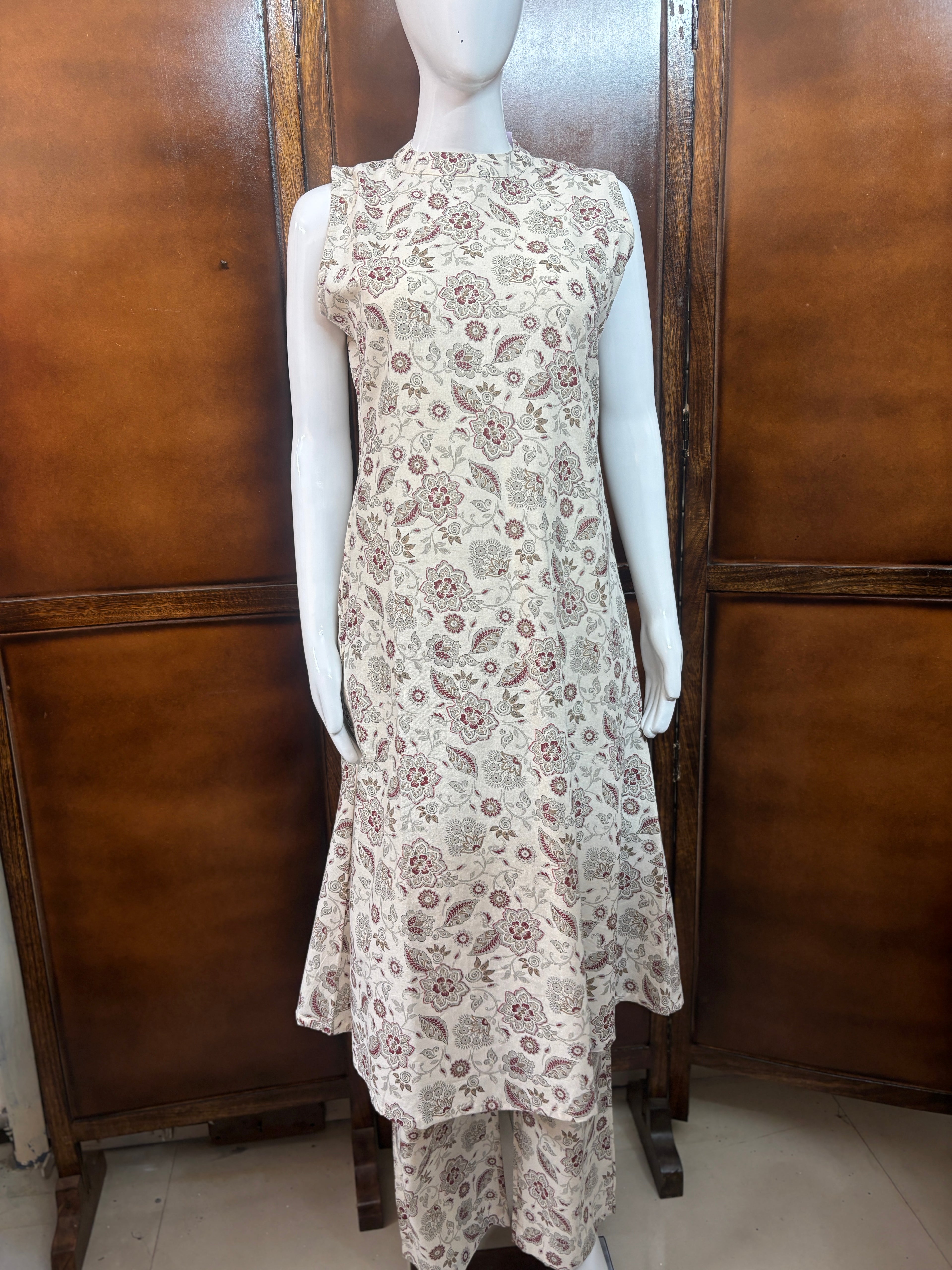 Cream & Maroon Floral cord set (sleeves included)