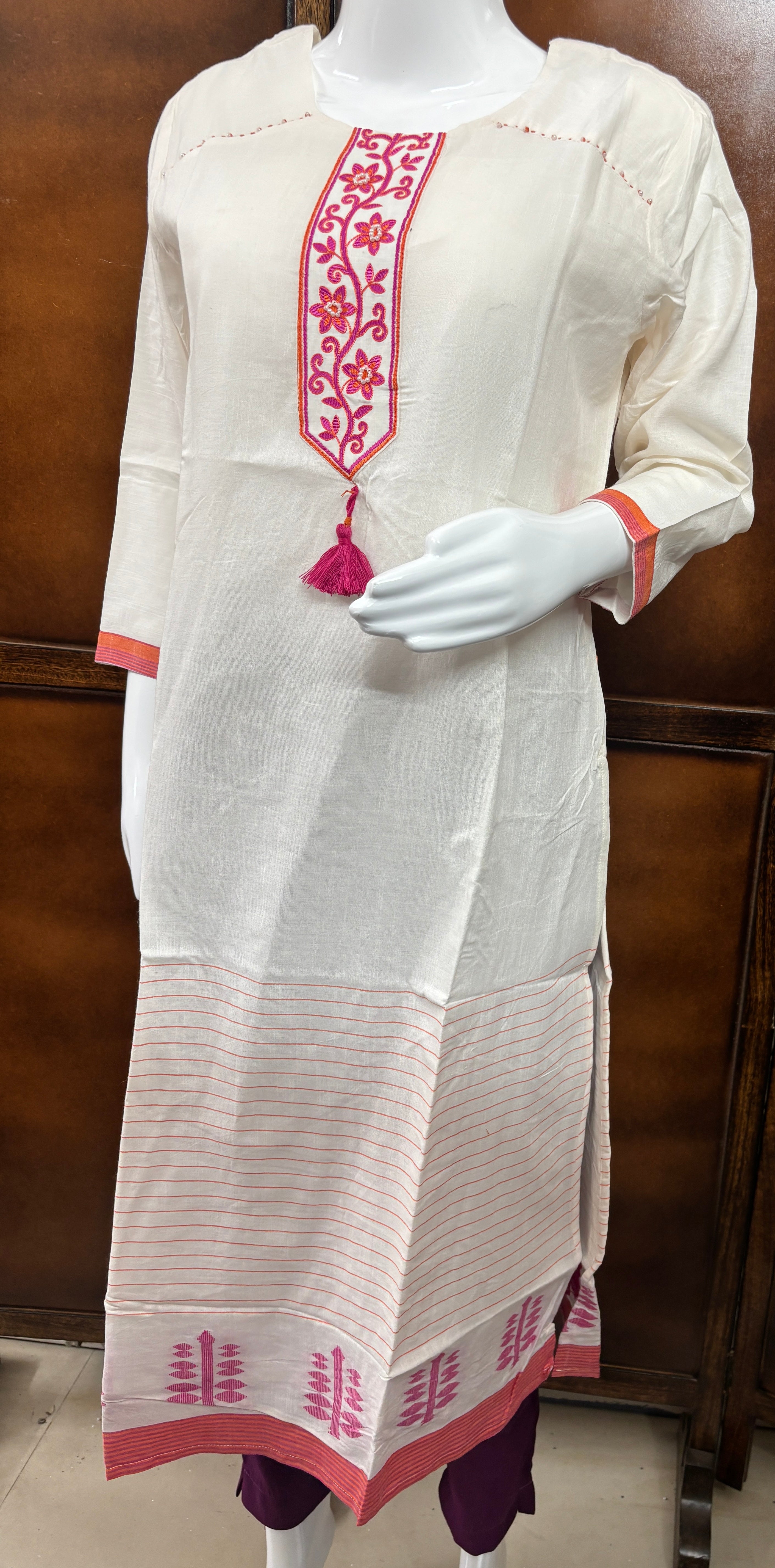 White and Pink Embroidered Kurti