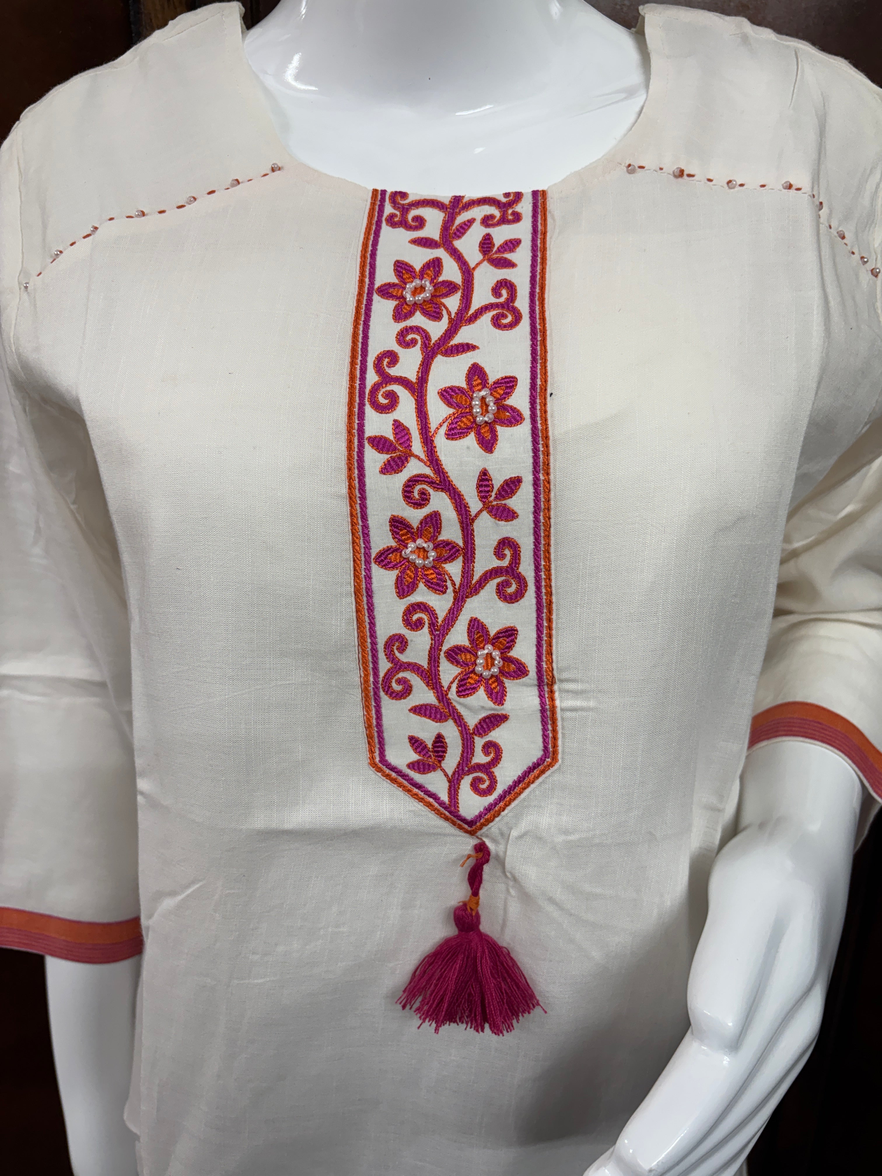 White and Pink Embroidered Kurti