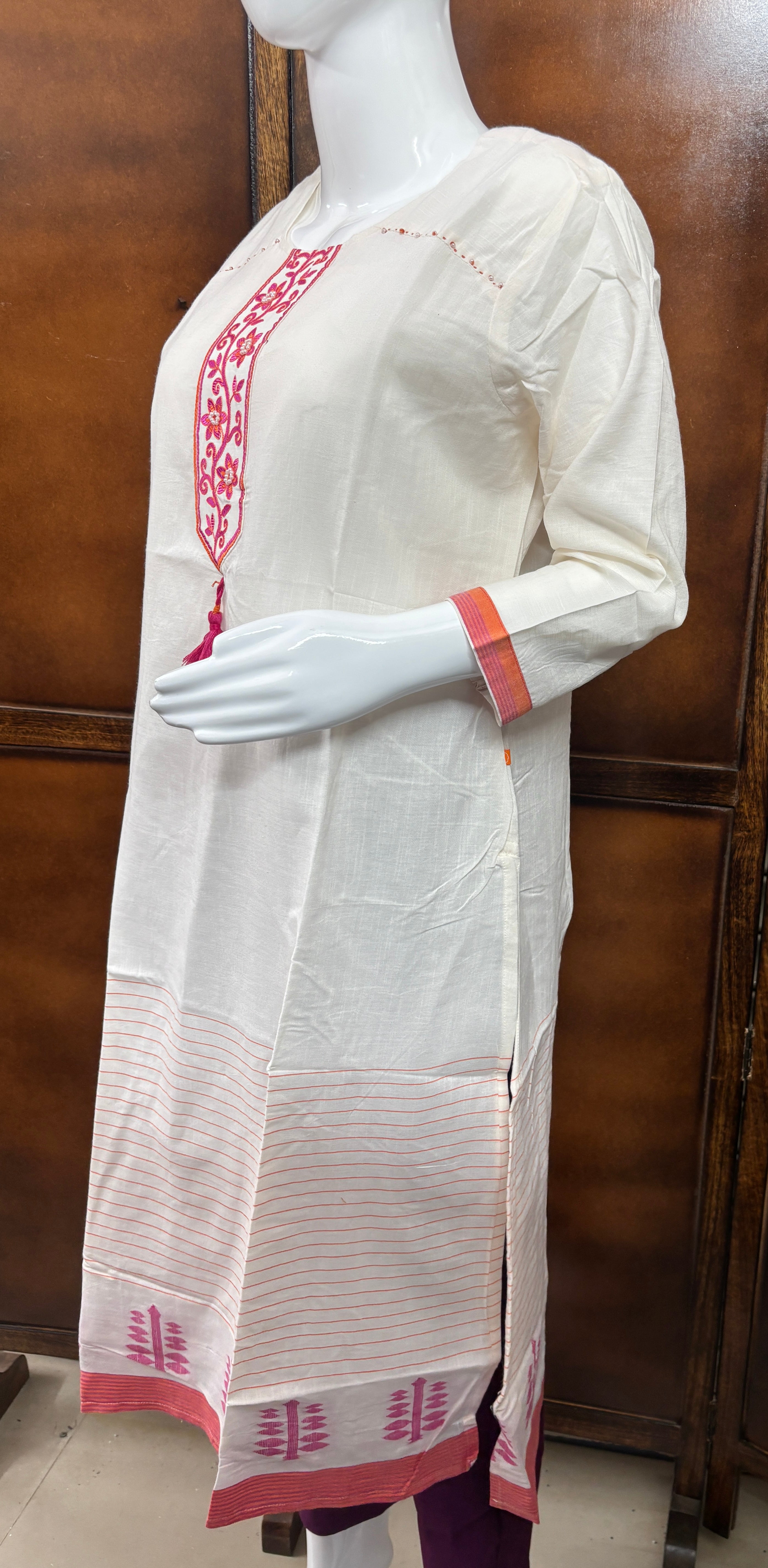 White and Pink Embroidered Kurti