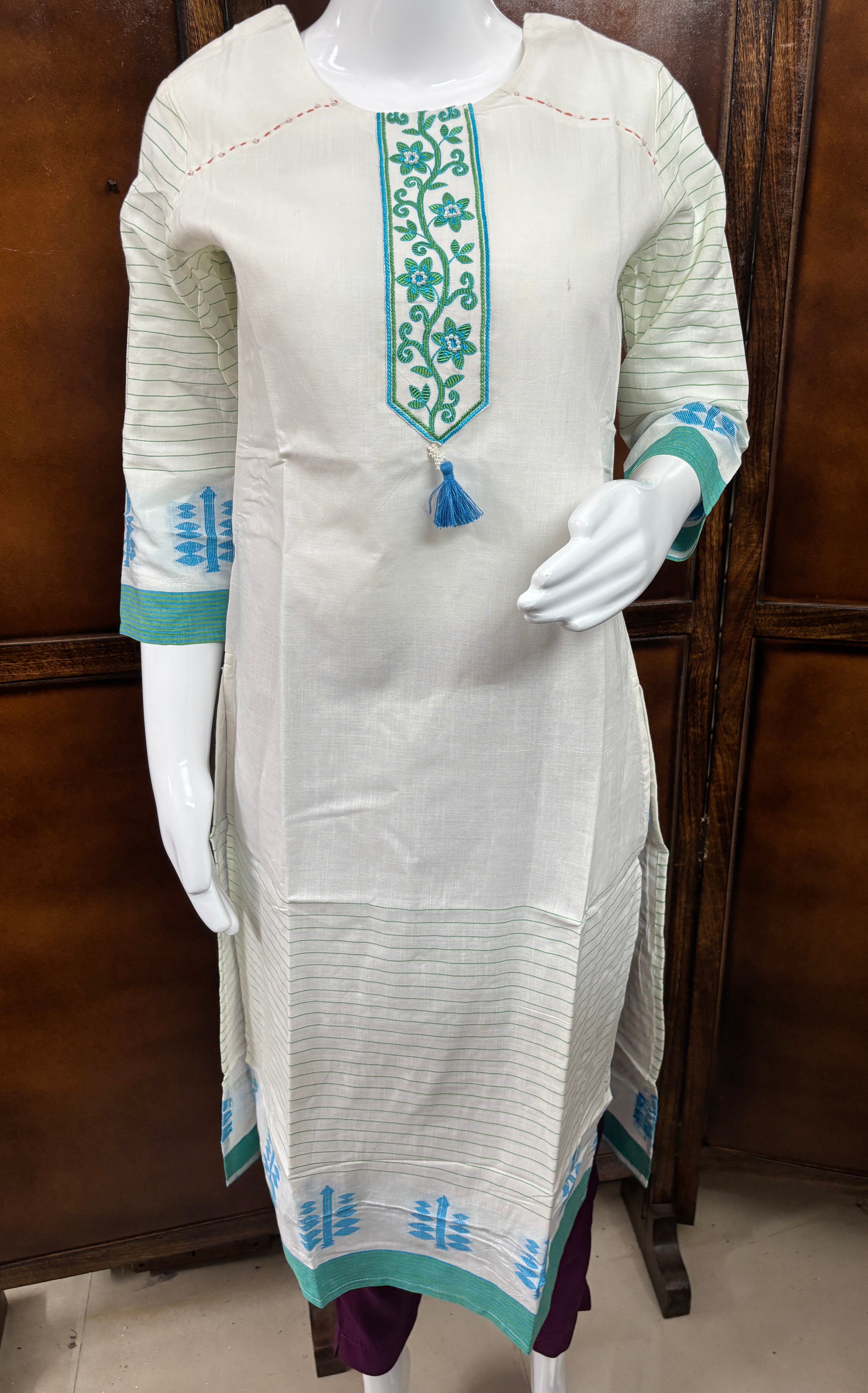 White and Blue Embroidered Kurti