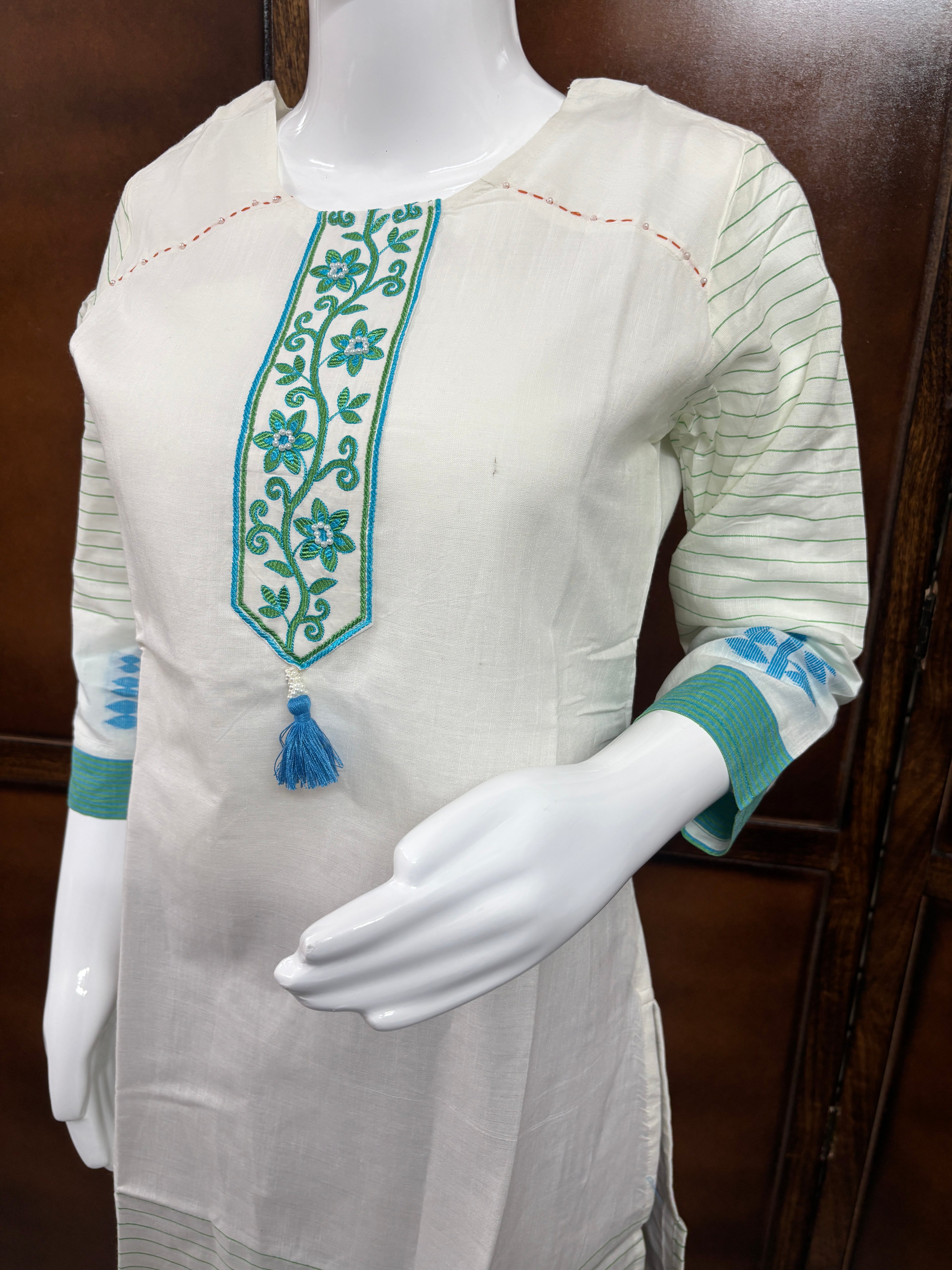 White and Blue Embroidered Kurti