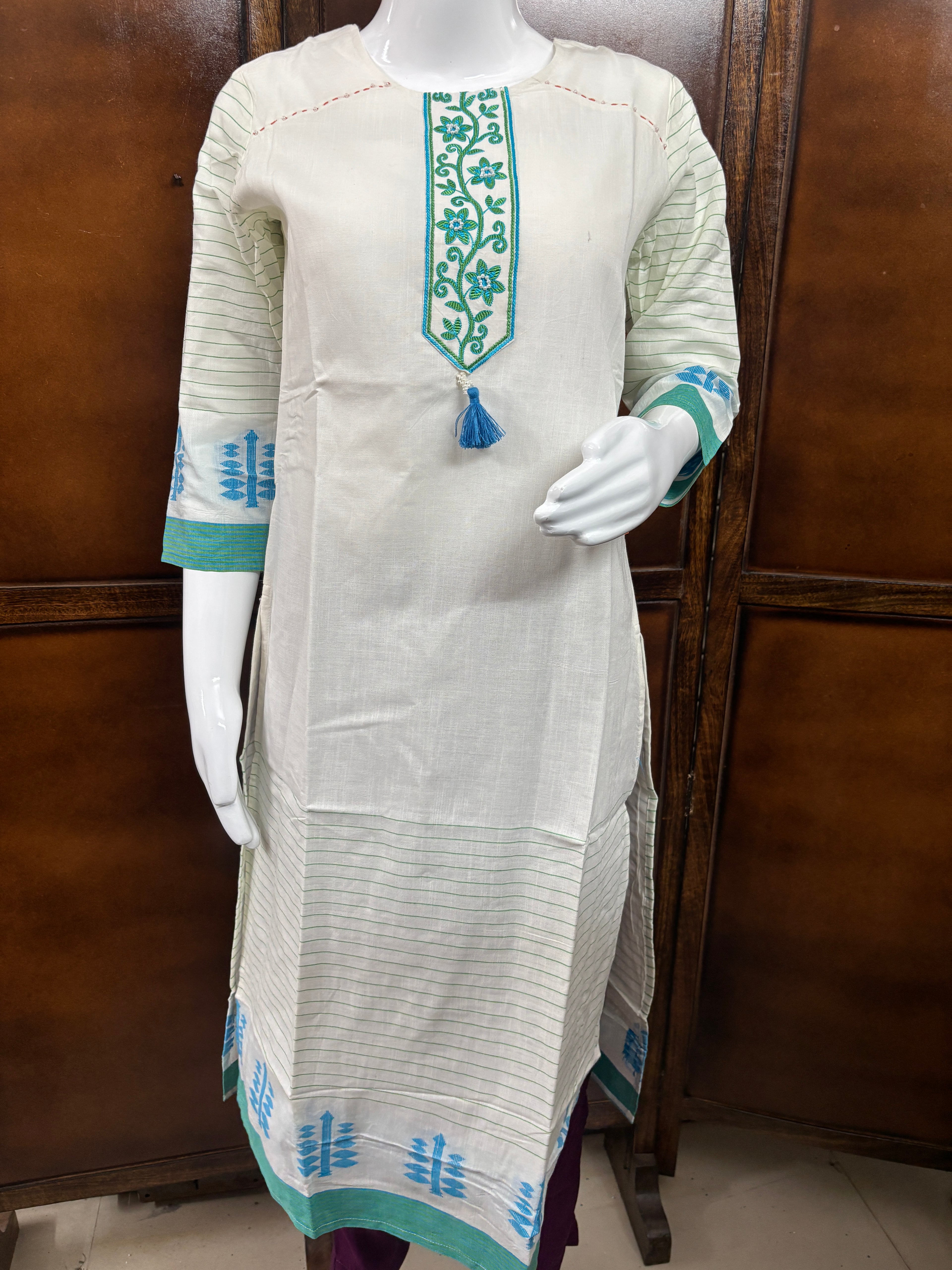 White and Blue Embroidered Kurti