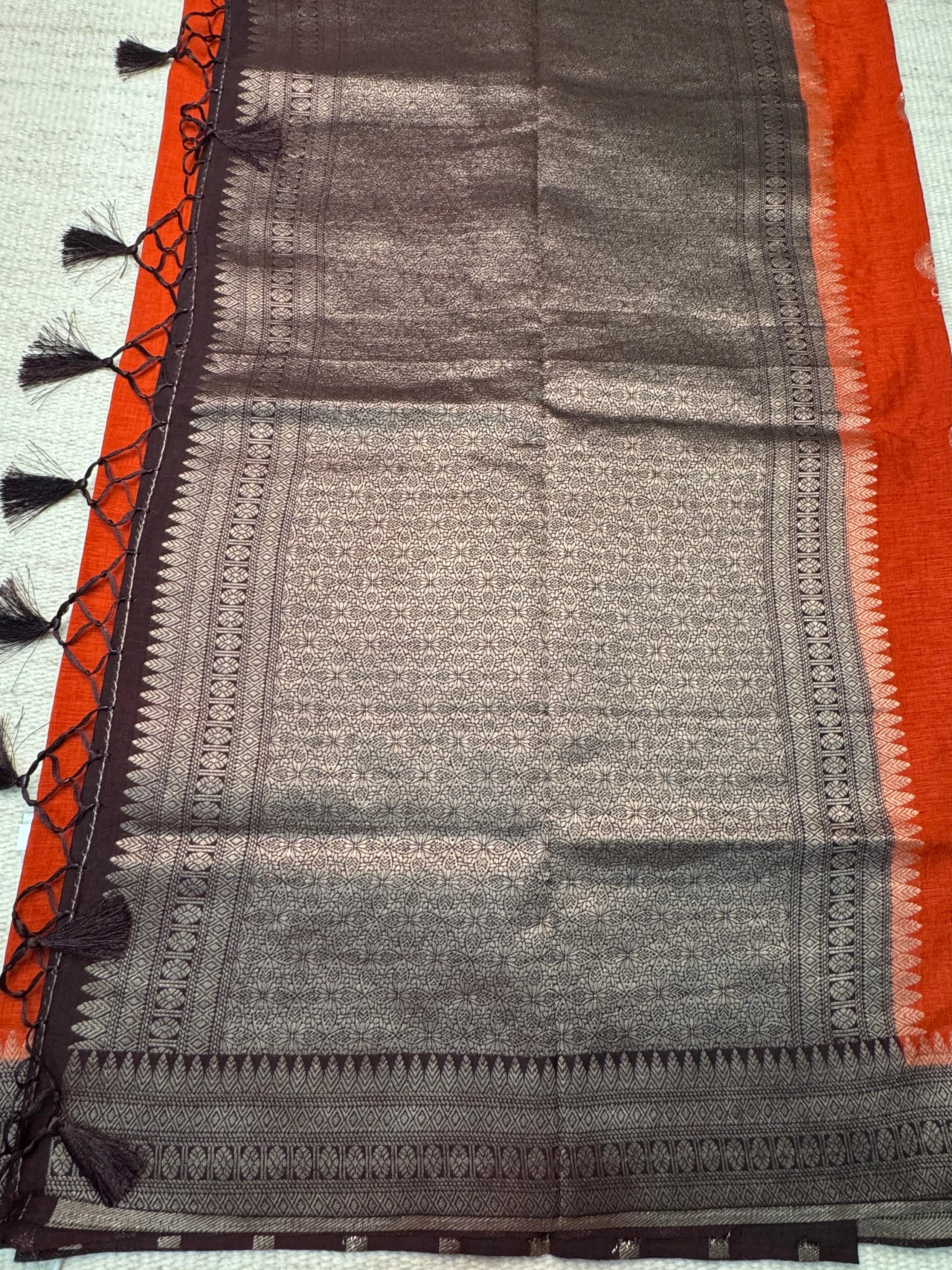 Rust Orange Linen Dola Saree