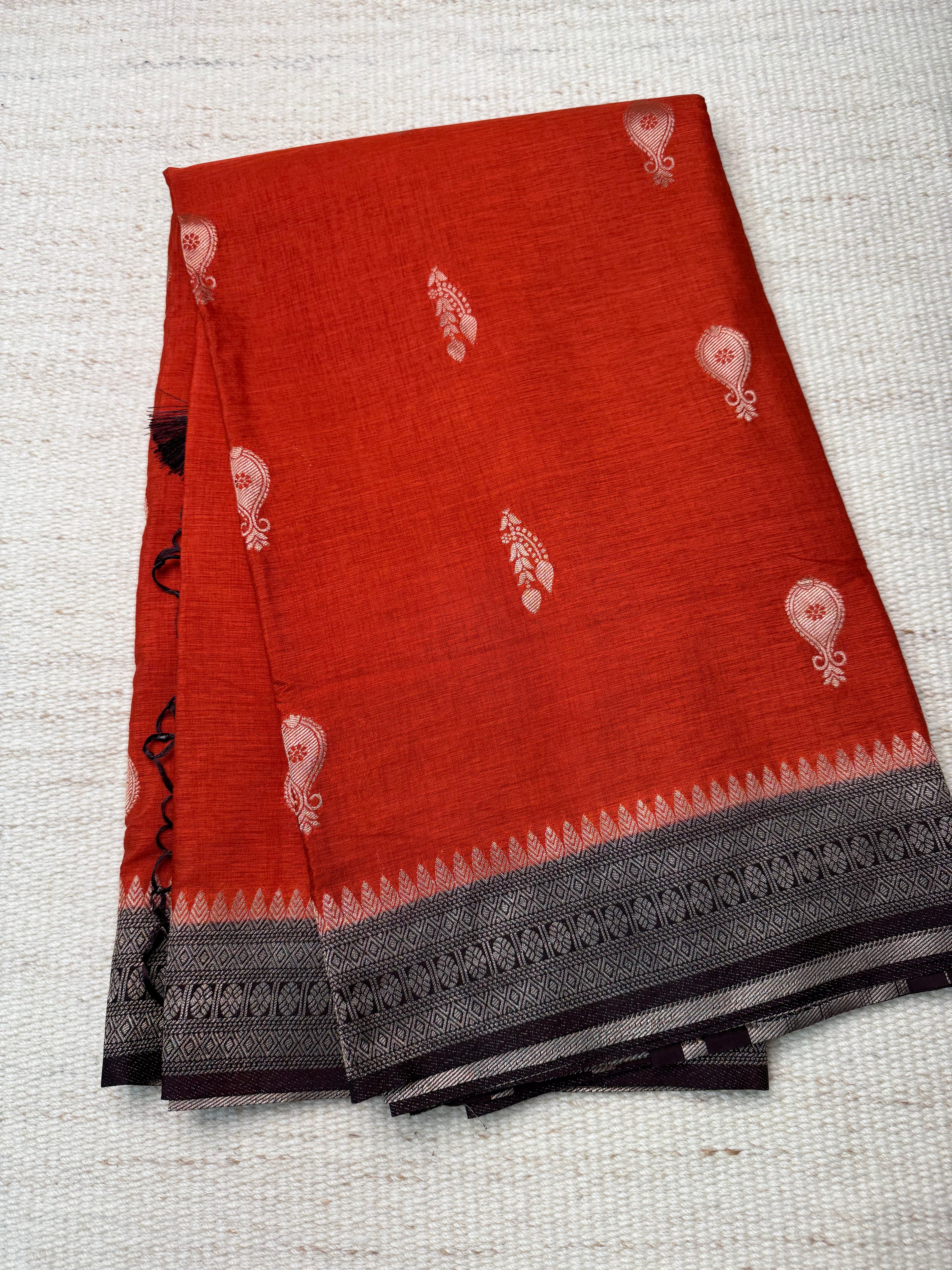 Rust Orange Linen Dola Saree