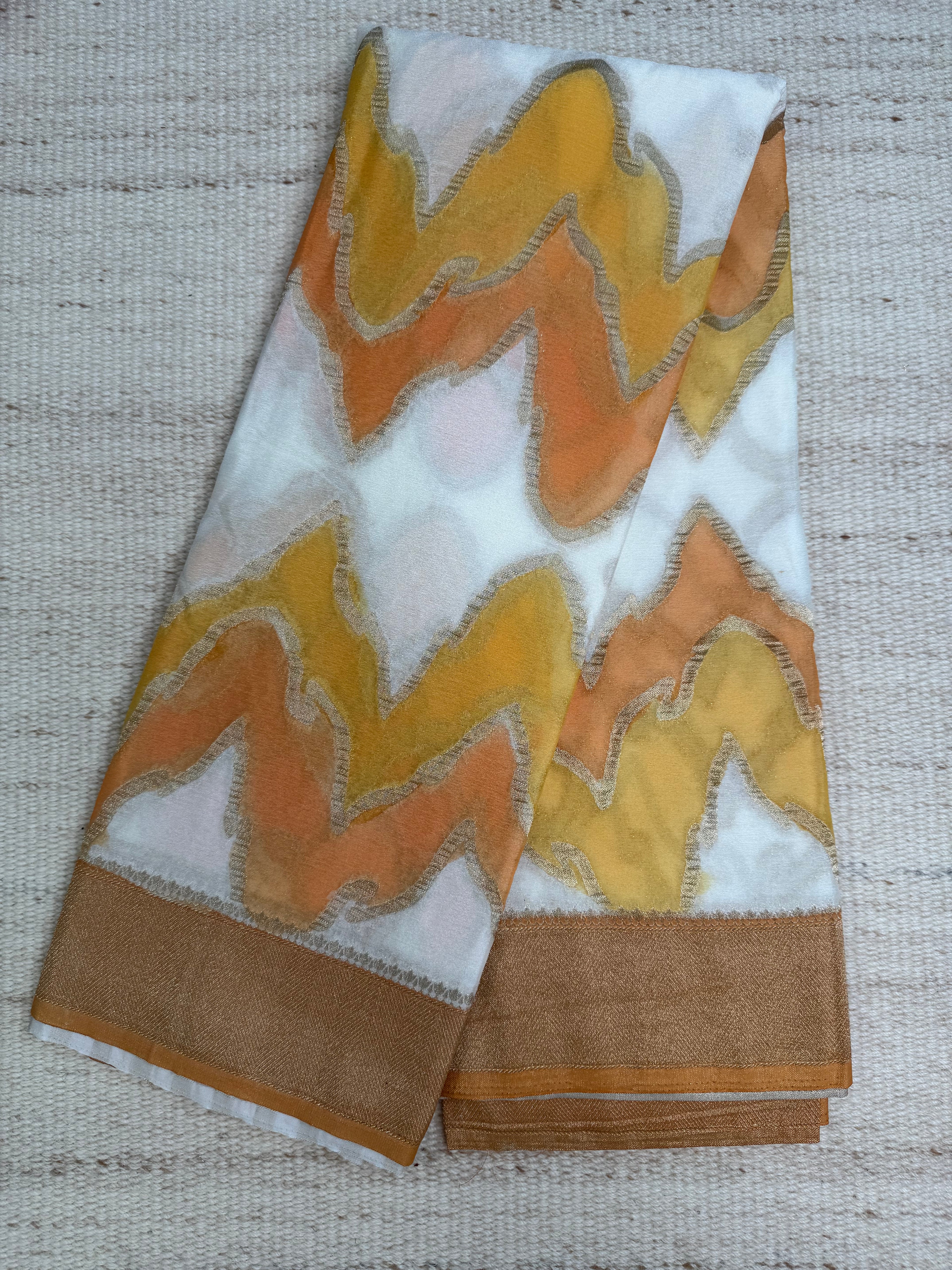 White & Orange Wrinkle Chiffon Leheriya Saree